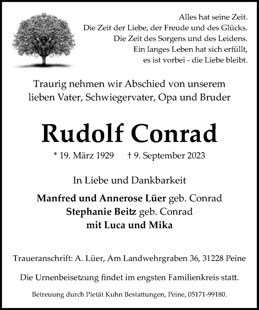  Traueranzeige für Rudolf Conrad vom 16.09.2023 aus Peiner Allgemeine Zeitung