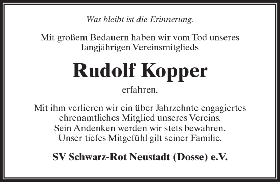 Traueranzeige von Rudolf Kopper