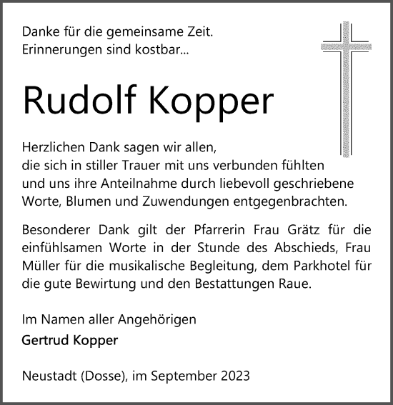 Traueranzeige von Rudolf Kopper