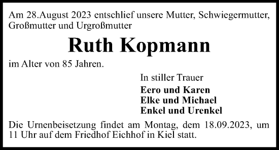 Traueranzeige von Ruth Kopmann von Kieler Nachrichten