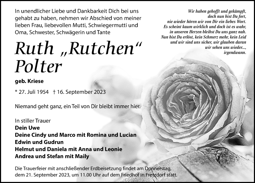  Traueranzeige für Ruth Polter vom 19.09.2023 aus Märkischen Allgemeine Zeitung