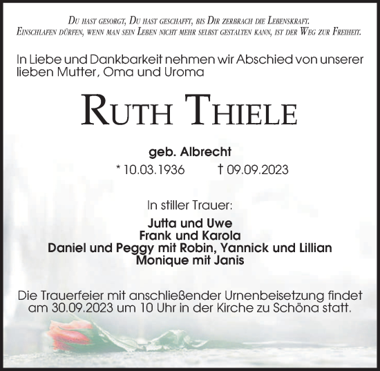 Traueranzeige von Ruth Thiele von Torgauer Zeitung