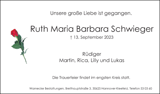 Traueranzeige von Ruth Maria Barbara Schwieger von Hannoversche Allgemeine Zeitung/Neue Presse