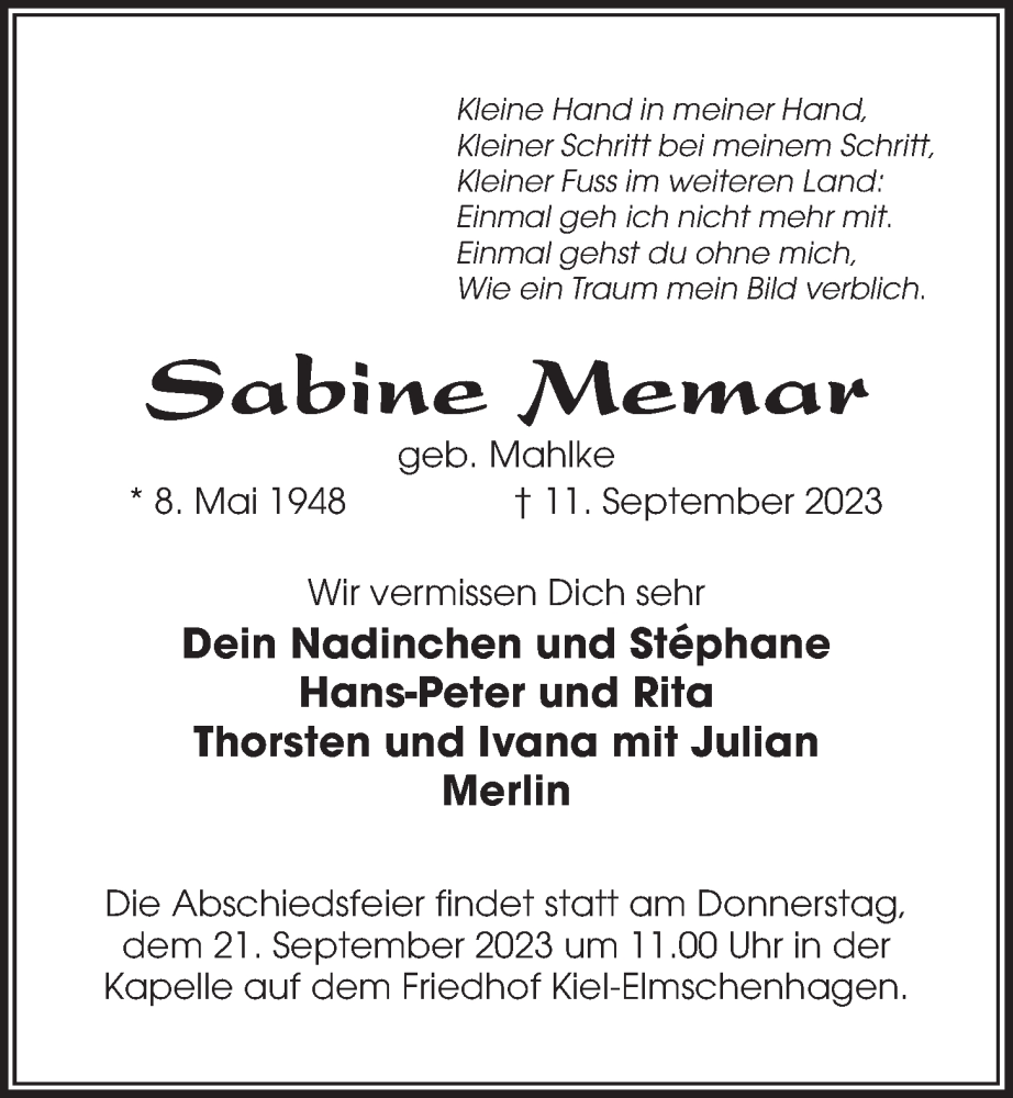  Traueranzeige für Sabine Memar vom 16.09.2023 aus Kieler Nachrichten