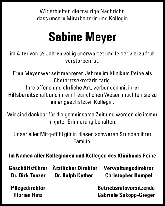 Traueranzeige von Sabine Meyer von Peiner Allgemeine Zeitung