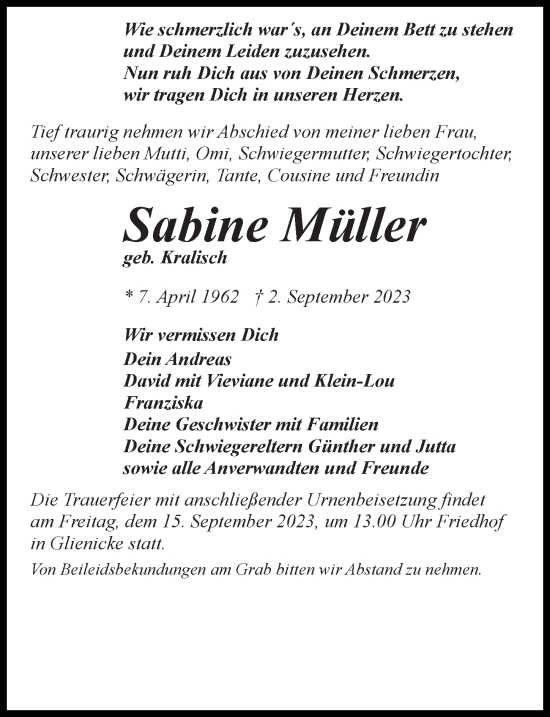 Traueranzeige von Sabine Müller von Märkischen Allgemeine Zeitung