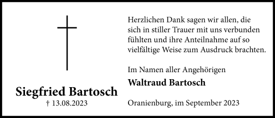 Traueranzeige von Siegfried Bartosch von Märkischen Allgemeine Zeitung