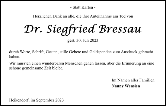 Traueranzeige von Siegfried Bressau von Kieler Nachrichten