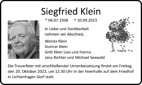 Traueranzeige von Siegfried Klein von Ostsee-Zeitung GmbH