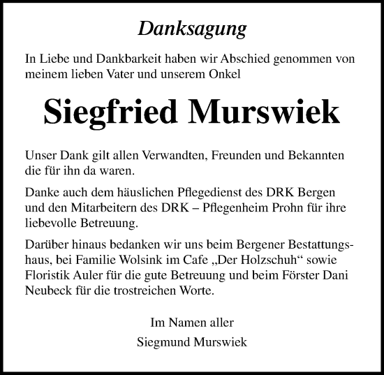 Traueranzeige von Siegfried Murswiek von Ostsee-Zeitung GmbH
