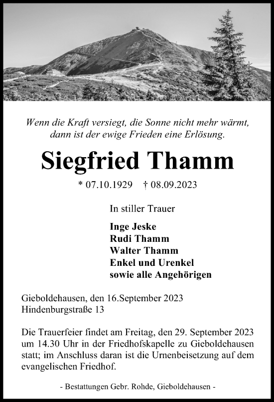 Traueranzeige von Siegfried Thamm von Göttinger Tageblatt