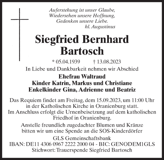 Traueranzeige von Siegfried Bernhard Bartosch von Märkischen Allgemeine Zeitung