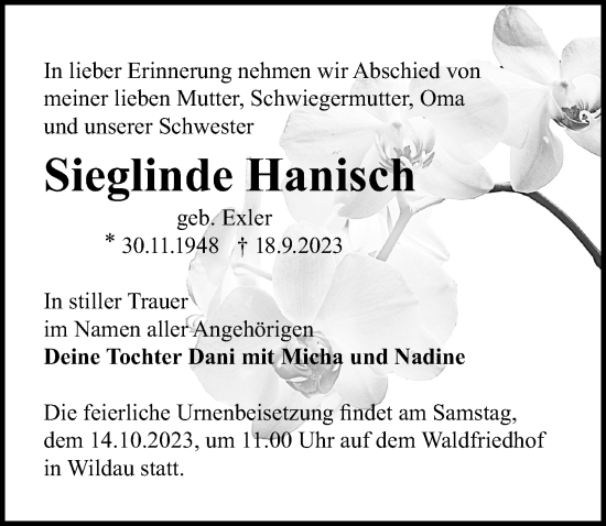Traueranzeige von Sieglinde Hanisch von Märkischen Allgemeine Zeitung