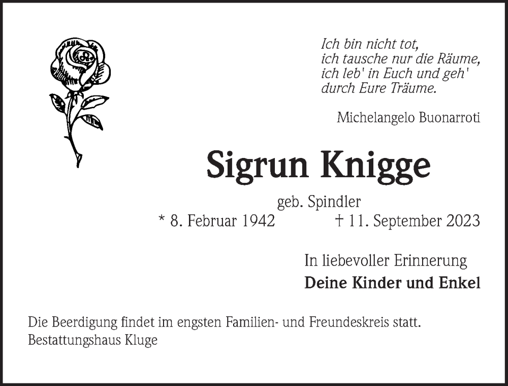  Traueranzeige für Sigrun Knigge vom 16.09.2023 aus Hannoversche Allgemeine Zeitung/Neue Presse