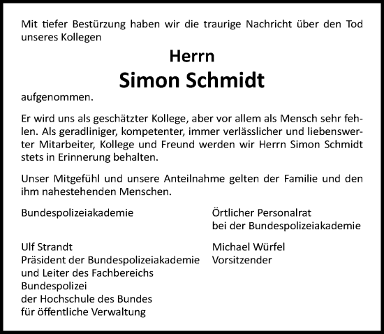Traueranzeige von Simon Schmidt von Lübecker Nachrichten