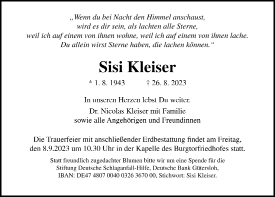 Traueranzeige von Sisi Kleiser von Lübecker Nachrichten