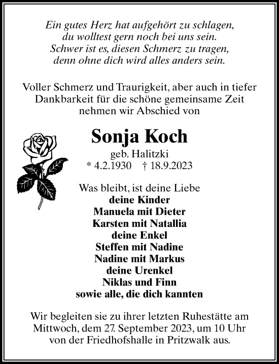 Traueranzeige von Sonja Koch von Märkischen Allgemeine Zeitung