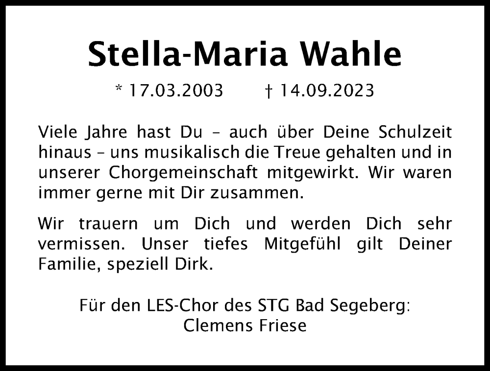  Traueranzeige für Stella-Maria Wahle vom 30.09.2023 aus Kieler Nachrichten