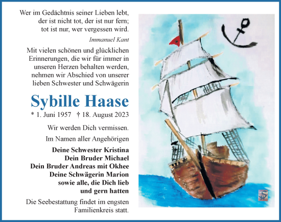 Traueranzeige von Sybille Haase von Ostsee-Zeitung GmbH