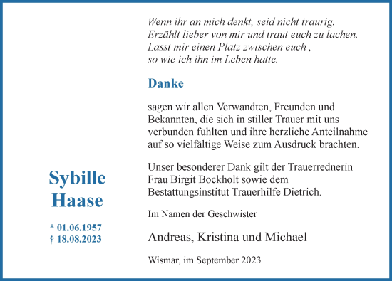 Traueranzeige von Sybille Haase von Ostsee-Zeitung GmbH