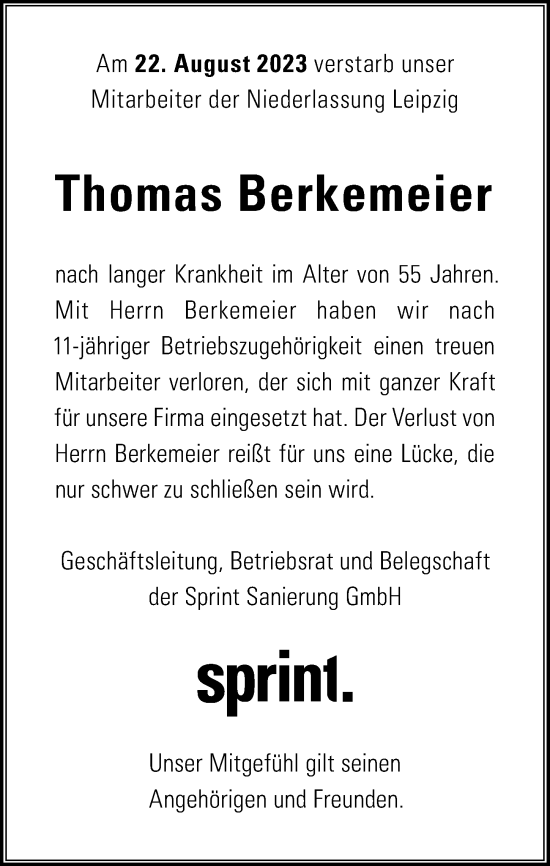 Traueranzeige von Thomas Berkemeier von Leipziger Volkszeitung