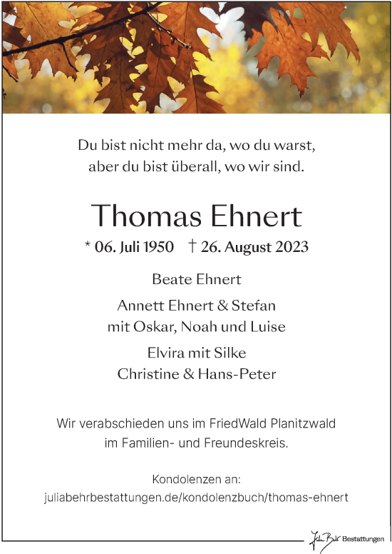 Traueranzeige von Thomas Ehnert von Leipziger Volkszeitung