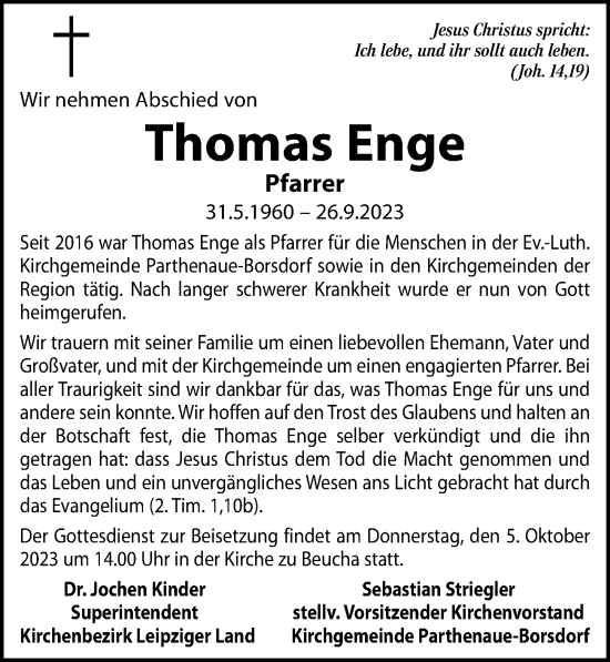 Traueranzeige von Thomas Enge von Leipziger Volkszeitung