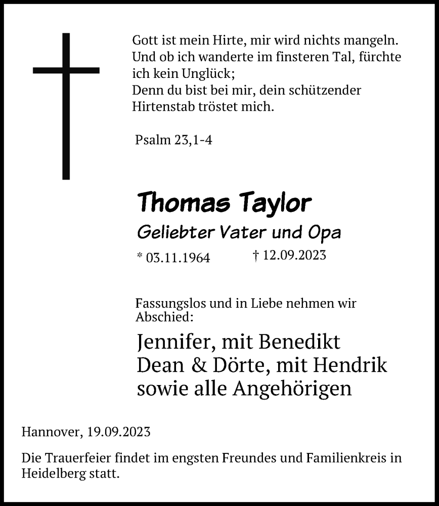  Traueranzeige für Thomas Taylor vom 19.09.2023 aus Hannoversche Allgemeine Zeitung/Neue Presse