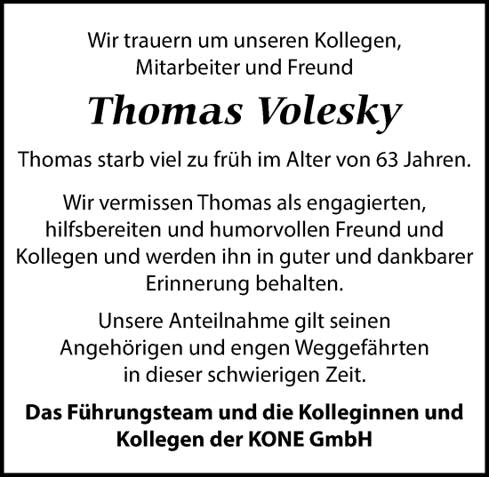 Traueranzeige von Thomas Volesky von Leipziger Volkszeitung