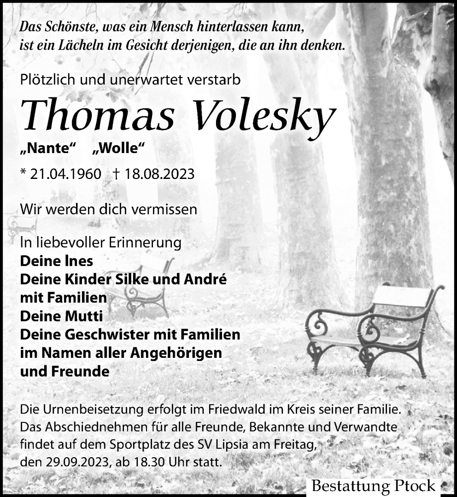  Traueranzeige für Thomas Volesky vom 23.09.2023 aus Leipziger Volkszeitung