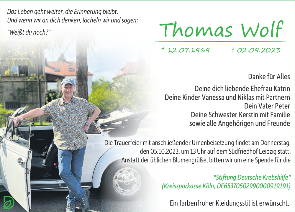  Traueranzeige für Thomas Wolf vom 16.09.2023 aus Leipziger Volkszeitung