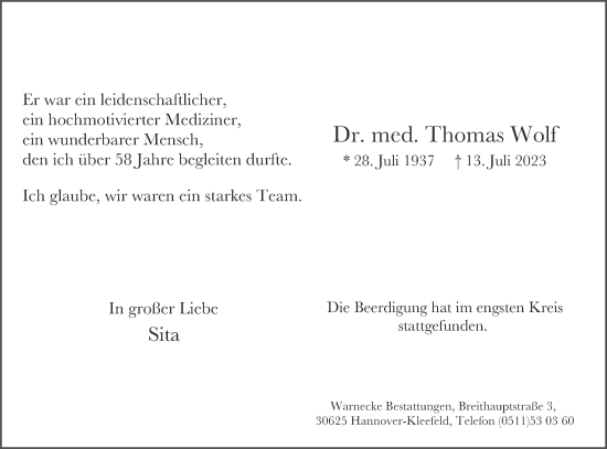Traueranzeige von Thomas Wolf von Hannoversche Allgemeine Zeitung/Neue Presse