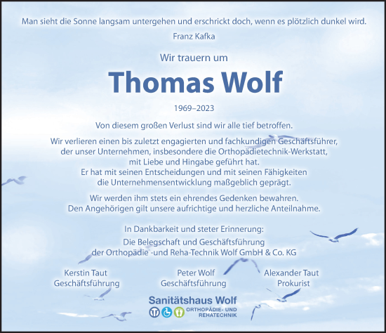 Traueranzeige von Thomas Wolf von Leipziger Volkszeitung