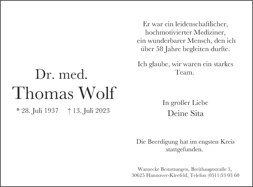  Traueranzeige für Thomas Wolf vom 02.09.2023 aus Hannoversche Allgemeine Zeitung/Neue Presse