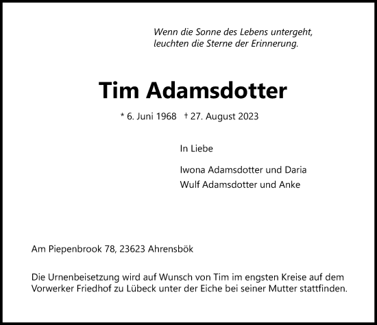 Traueranzeige von Tim Adamsdotter von Lübecker Nachrichten