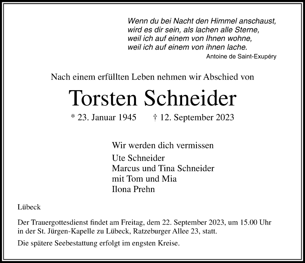  Traueranzeige für Torsten Schneider vom 17.09.2023 aus Lübecker Nachrichten