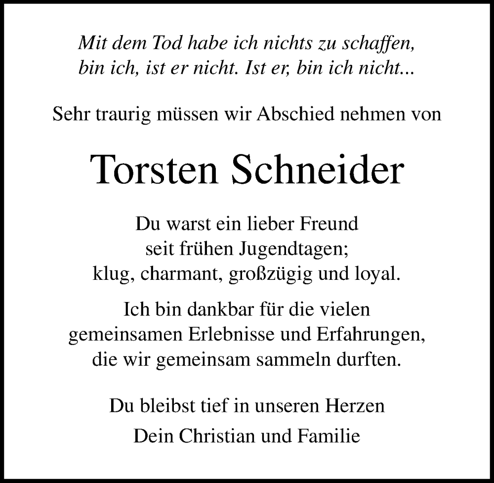  Traueranzeige für Torsten Schneider vom 17.09.2023 aus Lübecker Nachrichten