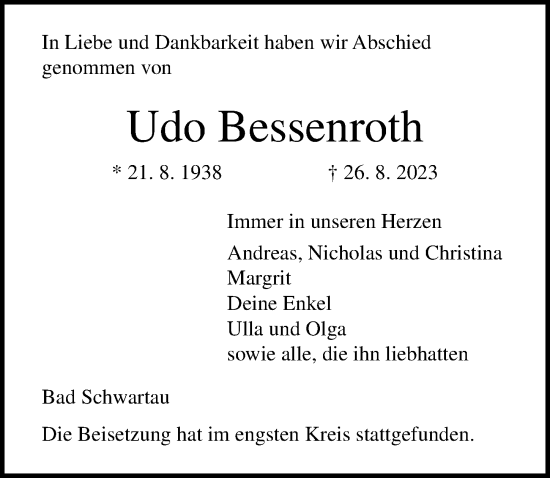 Traueranzeige von Udo Bessenroth von Lübecker Nachrichten