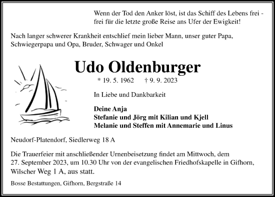 Traueranzeige von Udo Oldenburger von Aller Zeitung