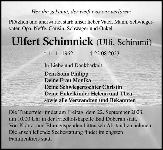 Traueranzeige von Ulfert Schimnick von Ostsee-Zeitung GmbH
