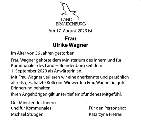 Traueranzeige von Ulrike Wagner von Märkischen Allgemeine Zeitung