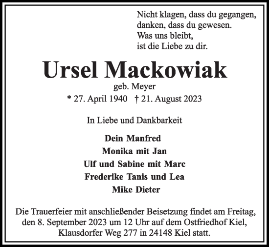 Traueranzeige von Ursel Mackowiak von Kieler Nachrichten