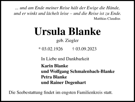Traueranzeige von Ursula Blanke von Lübecker Nachrichten