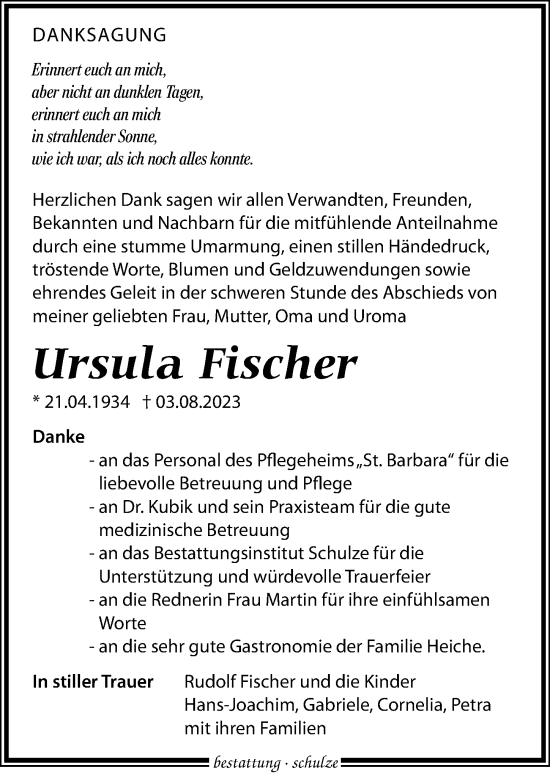 Traueranzeige von Ursula Fischer von Leipziger Volkszeitung
