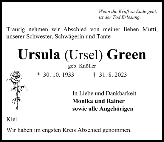 Traueranzeige von Ursula  Green von Kieler Nachrichten