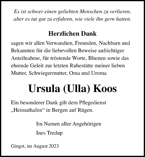Traueranzeige von Ursula Koos von Ostsee-Zeitung GmbH