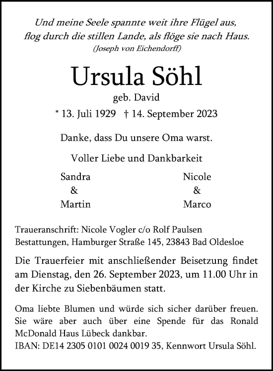 Traueranzeige von Ursula Söhl von Lübecker Nachrichten