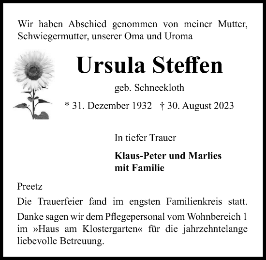 Traueranzeige von Ursula Steffen von Kieler Nachrichten