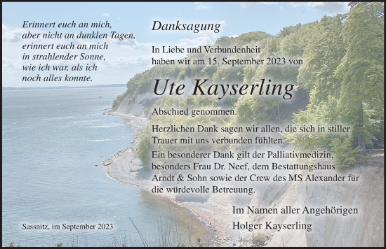 Traueranzeige von Ute Kayserling von Ostsee-Zeitung GmbH