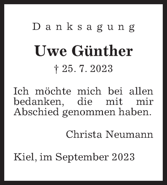 Traueranzeige von Uwe Günther von Kieler Nachrichten